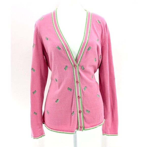 Quacker Factory Pink Silk Cotton Green Grasshoppers Cardigan Sweater Size Small - Picture 2 of 8